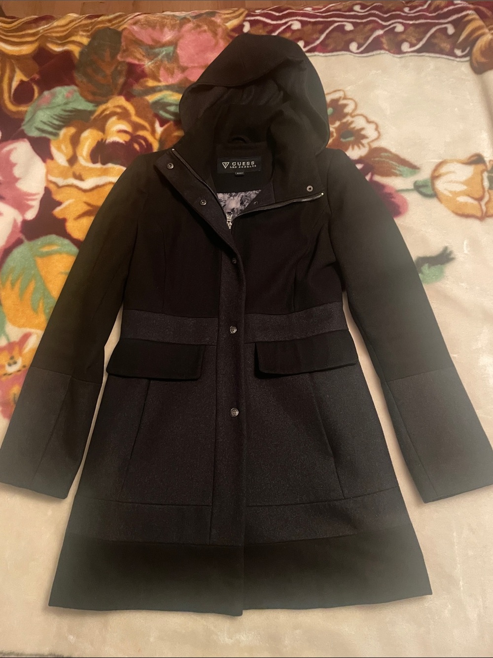GUESS Women's Colorblock Wool Blend Hooded Trench Coat Size Small Black Gray
